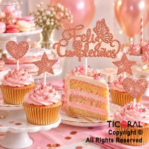 CAKE TOPPER FELIZ CUMPLEA�OS CON ESTRELLAS Y CORAZONES GIBRE ROSA GOLD